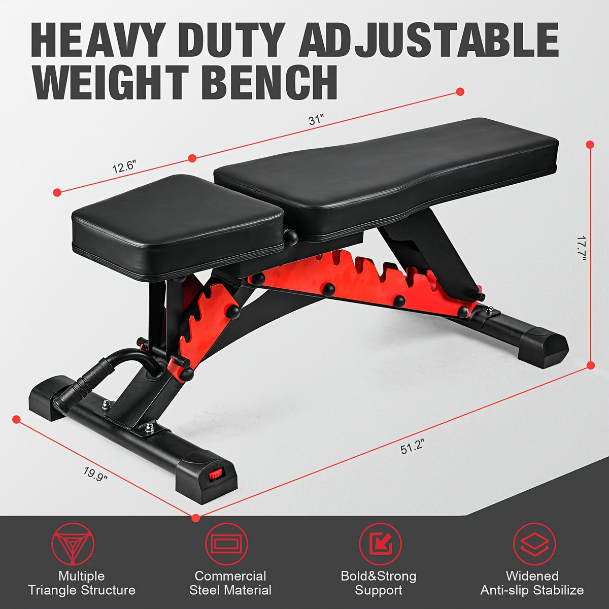 Heavy Duty Adjustable Weight Bench with Resistance Bands And Leg Support, Multi-Function Sit-Up Bench for Home Strength Training, Bench Press, Push-Ups And Ab Workout