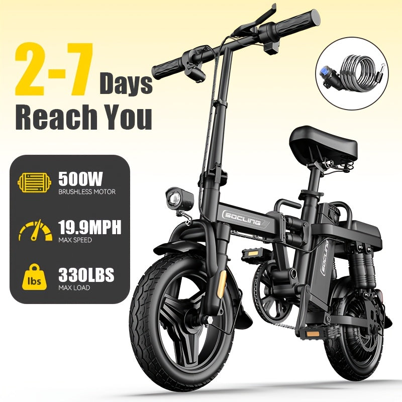 14" Lightweight And Foldable E-Bike, Max Load Capacity Of 330LBS, Rear Disc Brakes, 500W Motor, Up to 19.9MPH Speed, 6-hour Fast Charging, with Anti-theft Battery, Two Models Optional, for Commuting