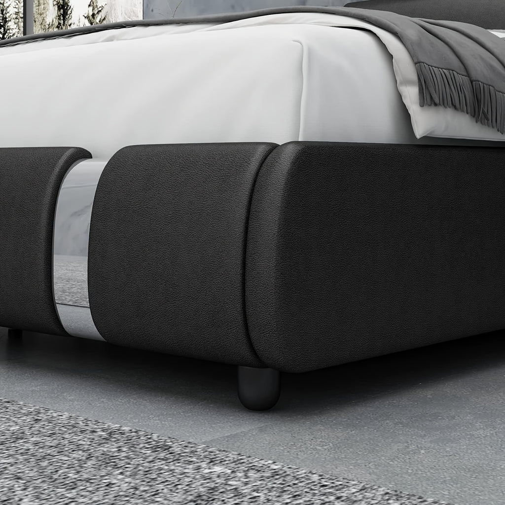 Contemporary Platform Bed Frame Made of Faux Leather, Featuring Iron Metal Accents, an Adjustable Headboard, And Wooden Slats for Support, Eliminating The Need for a Box Spring