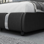 Contemporary Platform Bed Frame Made of Faux Leather, Featuring Iron Metal Accents, an Adjustable Headboard, And Wooden Slats for Support, Eliminating The Need for a Box Spring