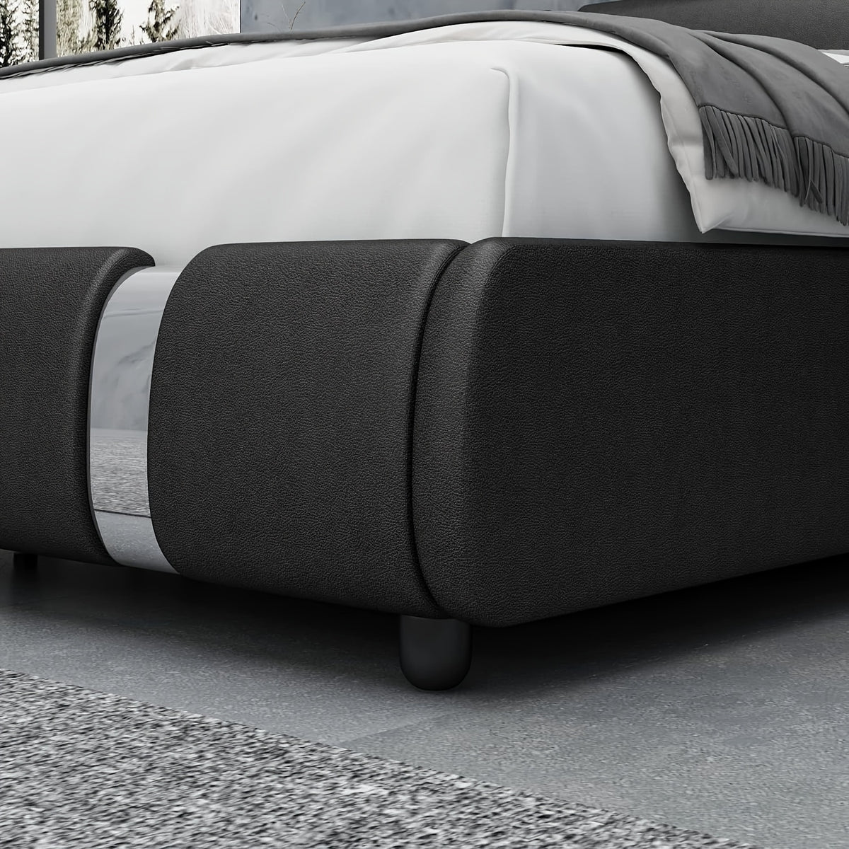 Contemporary Platform Bed Frame Made of Faux Leather, Featuring Iron Metal Accents, an Adjustable Headboard, And Wooden Slats for Support, Eliminating The Need for a Box Spring
