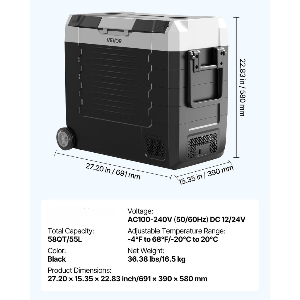 Car Refrigerator by VEVOR, 58 QT Dual-Zone Electric Cooler for RV Travel and Camping Trips