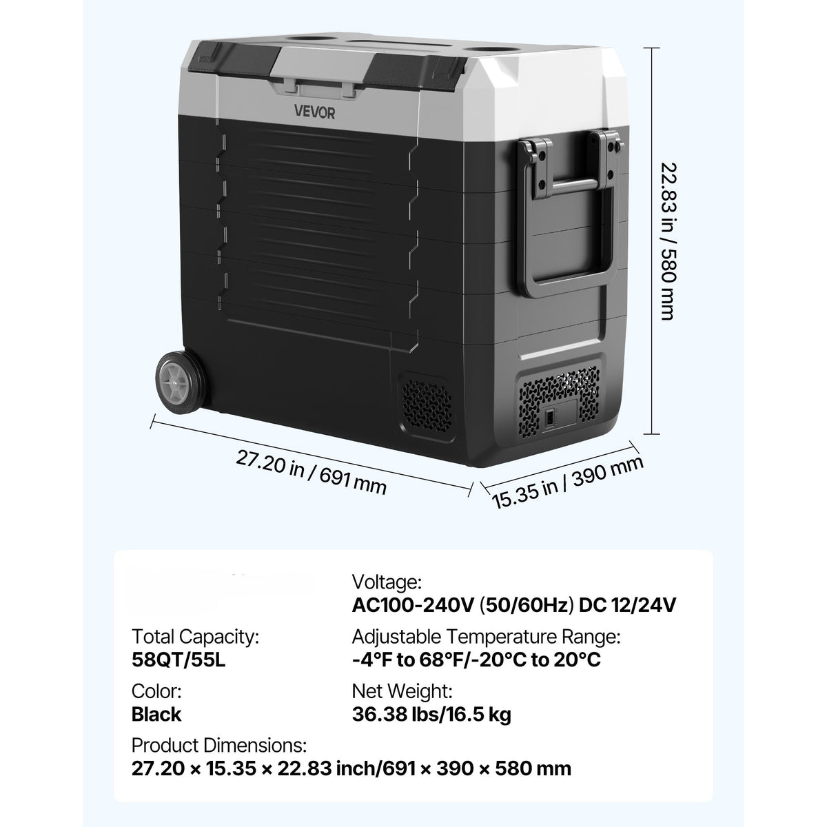 Car Refrigerator by VEVOR, 58 QT Dual-Zone Electric Cooler for RV Travel and Camping Trips