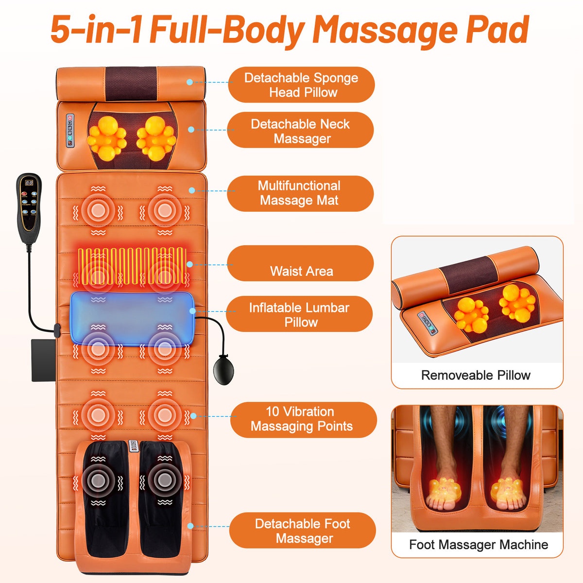 Full Body Massage Mat with 3D Kneading for Neck & Shoulder, Manual Control & Zone Massage. Includes Upgraded Leg & Foot Massager, Ideal for Home, Office, Sports & Relaxation