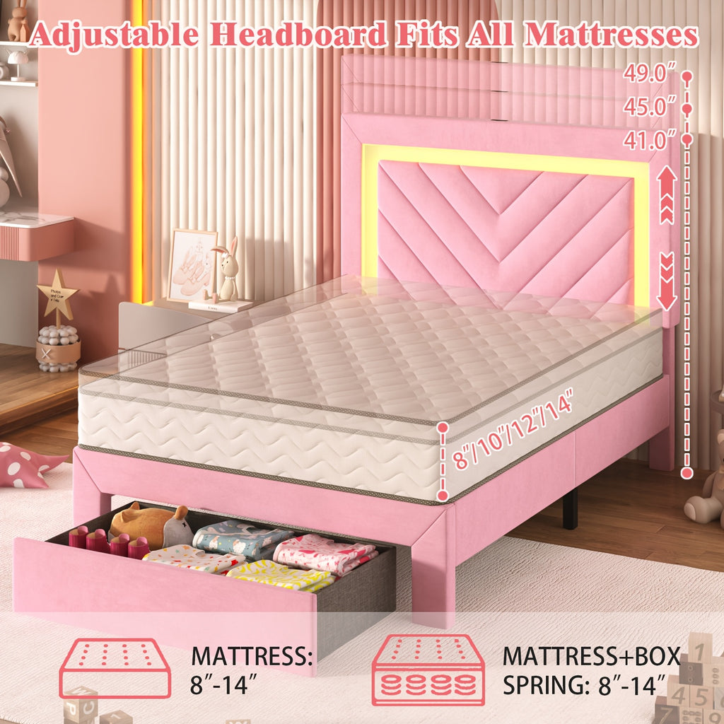 Pink Bed Frame with LED Headboard and Charging Station, 2 Storage Drawers, No Box Spring Needed, Noise Free