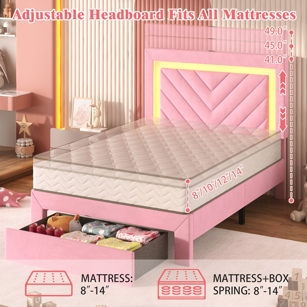 Pink Bed Frame with LED Headboard and Charging Station, 2 Storage Drawers, No Box Spring Needed, Noise Free