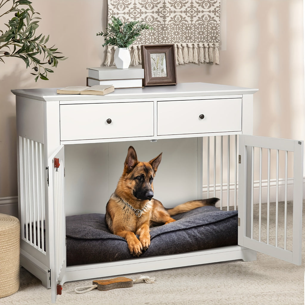 44 Inch Large Dog Crate Furniture, Wooden Dog Kennel End Table With Storage Drawers, Decorative Pet Crates Dog House Indoor For Dogs
