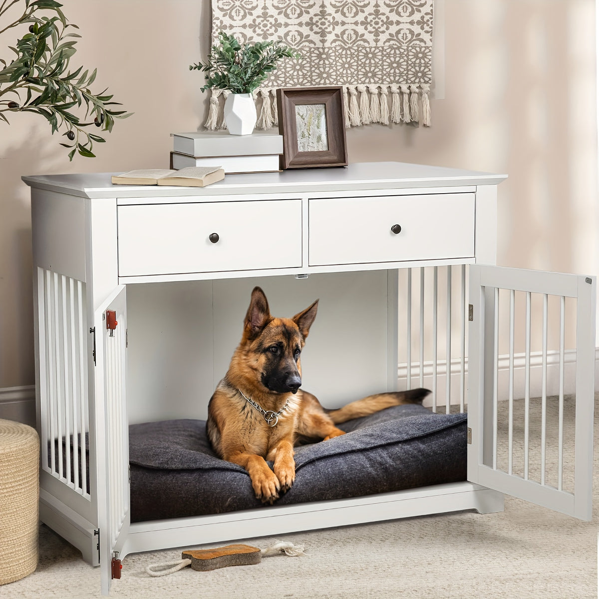 44 Inch Large Dog Crate Furniture, Wooden Dog Kennel End Table With Storage Drawers, Decorative Pet Crates Dog House Indoor For Dogs