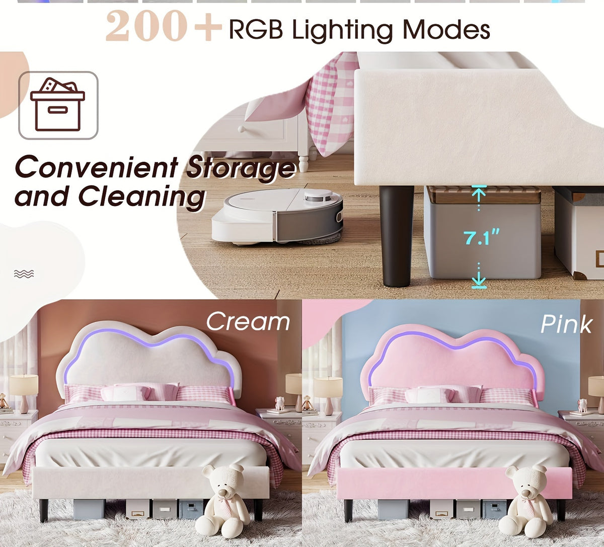 LUXOAK LED Velvet Platform Bed Featuring an Adjustable Cloud Headboard - No Box Spring Needed, Easy Assembly