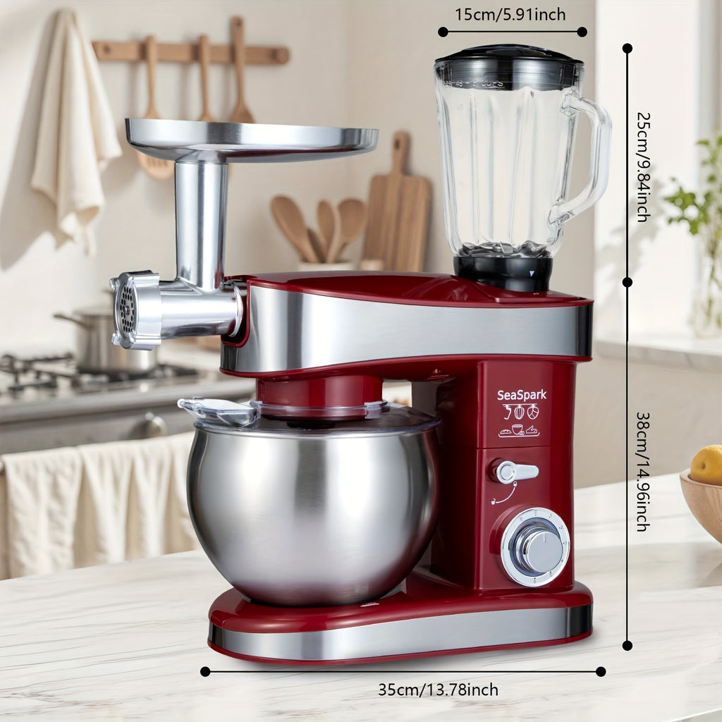 Household Vertical 6-in-1 Stand Mixers, 6-speed Pulse 6.3QT Tilting Kitchen Food Chef Machine, Equipped with Mixer, Dough Hook, Egg Beater, Spatula, Meat Grinder and Juicer Accessories, Red