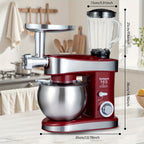 Household Vertical 6-in-1 Stand Mixers, 6-speed Pulse 6.3QT Tilting Kitchen Food Chef Machine, Equipped with Mixer, Dough Hook, Egg Beater, Spatula, Meat Grinder and Juicer Accessories, Red