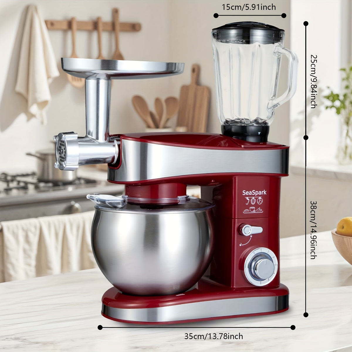 Household Vertical 6-in-1 Stand Mixers, 6-speed Pulse 6.3QT Tilting Kitchen Food Chef Machine, Equipped with Mixer, Dough Hook, Egg Beater, Spatula, Meat Grinder and Juicer Accessories, Red