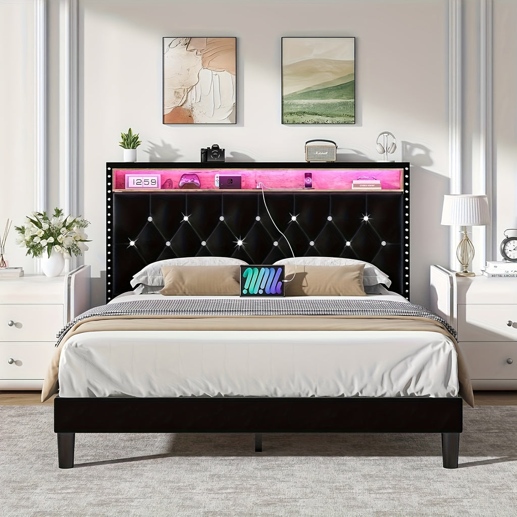 Bed Frame with LED Lights, Velvet Upholstered Platform Bed with Storage Headboard, Charging Station And Diamond Tufted Design - No Box Spring Required - Easy Assembly - Black