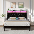 Bed Frame with LED Lights, Velvet Upholstered Platform Bed with Storage Headboard, Charging Station And Diamond Tufted Design - No Box Spring Required - Easy Assembly - Black
