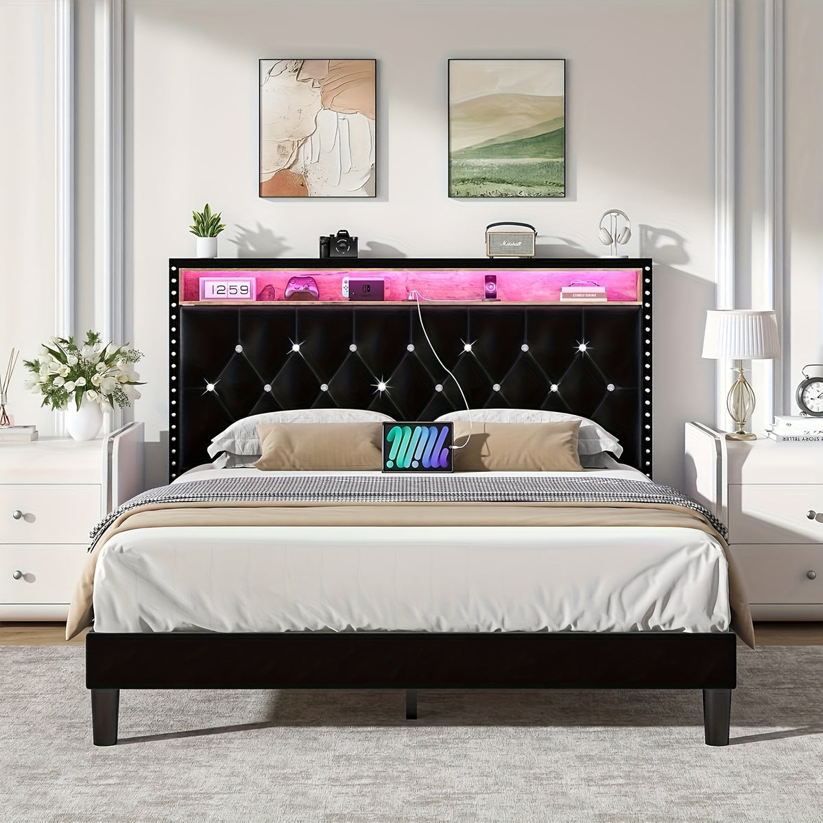 Bed Frame with LED Lights, Velvet Upholstered Platform Bed with Storage Headboard, Charging Station And Diamond Tufted Design - No Box Spring Required - Easy Assembly - Black