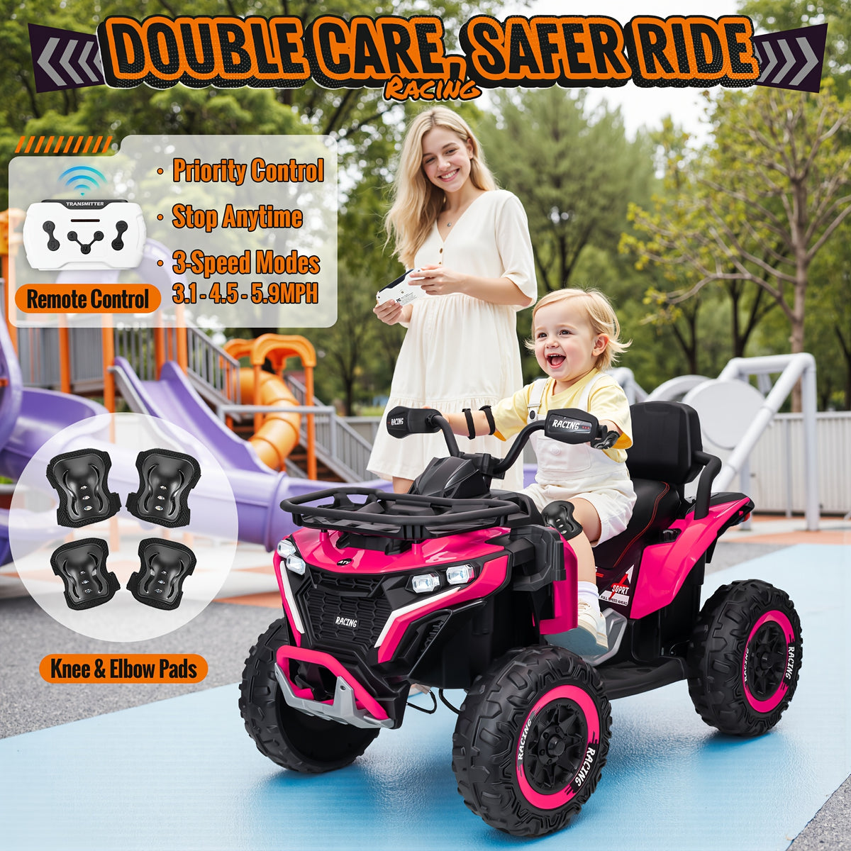 24V Electric Kids ATV Quad, 4WD Off-Road Vehicle, 2-Seater with Leather Seats And Knee Pads, Ride-On for Boys And Girls (/Red//Black) - Ideal Birthday/Christmas/Halloween Gift, 3 Speeds, Remote Control Design
