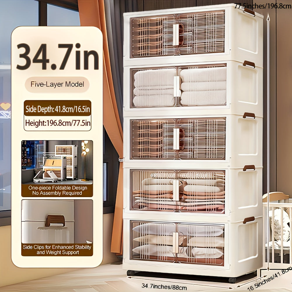 1/3/4/5-Tier 34.7" Extra-Large Folding Storage Trunks with Lids, Stackable Plastic Bins on Wheels, Collapsible Organizer for Closet, Bedroom, Office, Kitchen, And More - Foldable Storage Lockers And Room Decor