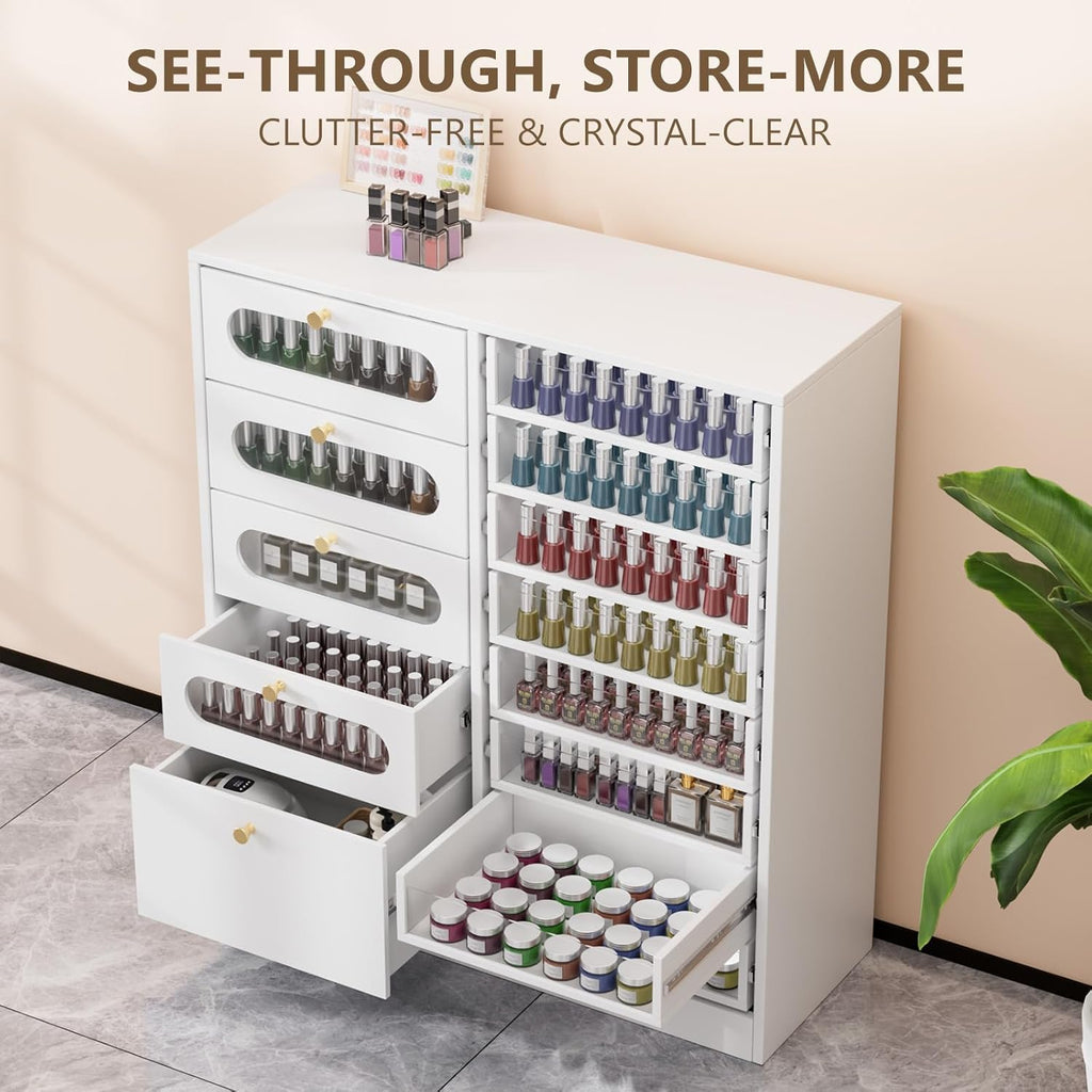[Salon Organizer Cabinet] Nail Salon Organizer Cabinet, 32" L Floor Storage with 8 Clear & 4 Visual Drawers, Wooden Display for Polish & Powder, Beauty Salon Furniture