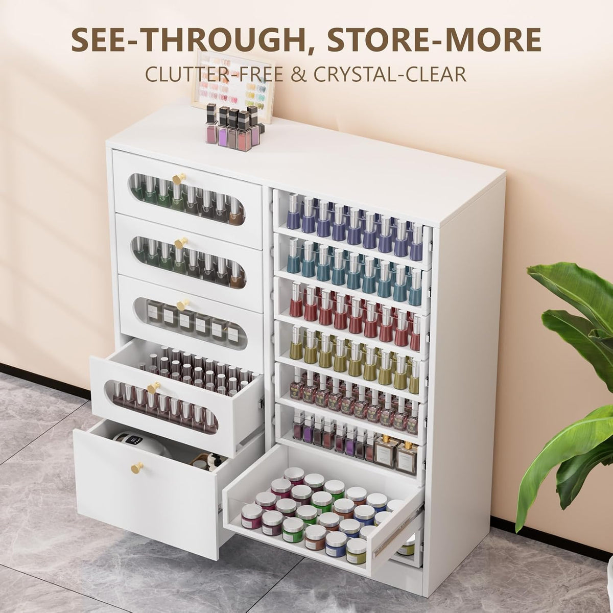 [Salon Organizer Cabinet] Nail Salon Organizer Cabinet, 32" L Floor Storage with 8 Clear & 4 Visual Drawers, Wooden Display for Polish & Powder, Beauty Salon Furniture