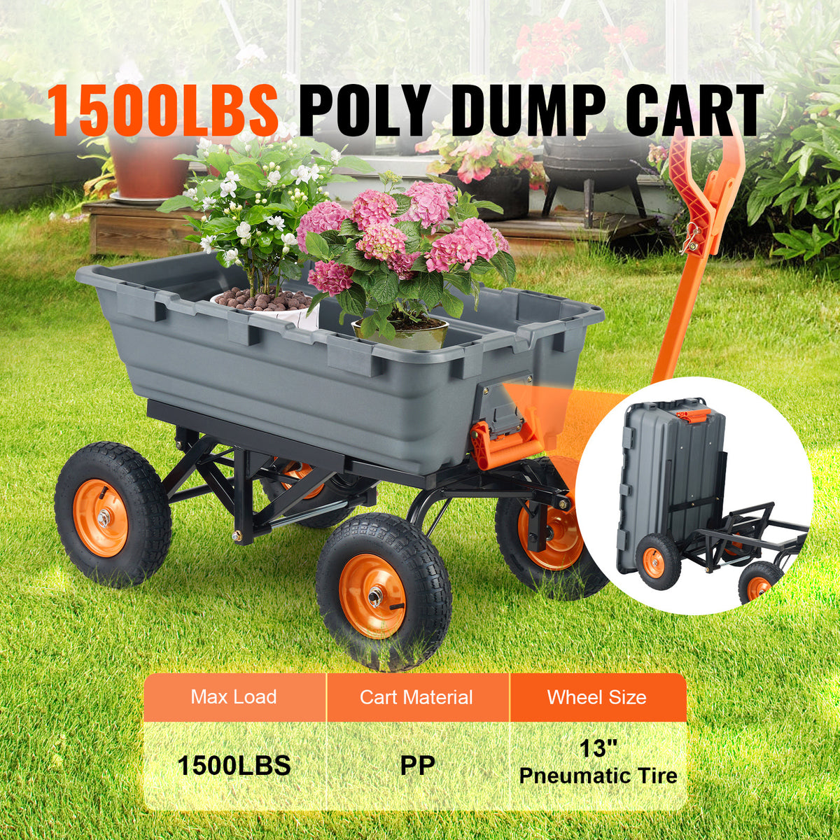 VEVOR Dump Cart, Poly Garden Dump Cart with Easy to Assemble Steel Frame, Dump Wagon with 2-in-1 Convertible Handle, Utility Wheelbarrow 1500 lbs Capacity, 13 inch Tires