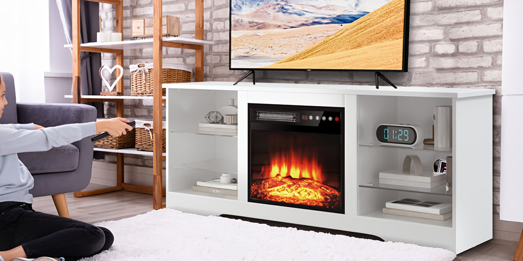 Fireplace TV Stand with 18-Inch Fireplace, Modern Entertainment Center for Tvs Up to 65 Inches, Media TV Console with Adjustable Glass Shelves And Storage Cabinets, Farmhouse TV Stand for Living Room