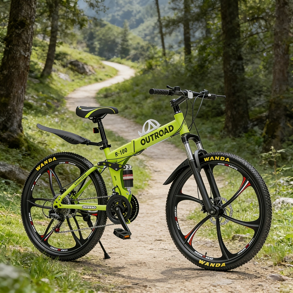26 Inch Folding Mountain Bike, 21 Speed Full Suspension High-Carbon Steel MTB Foldable Bicycle, Dual Disc Brake Non-Slip Folding Bikes for Adults