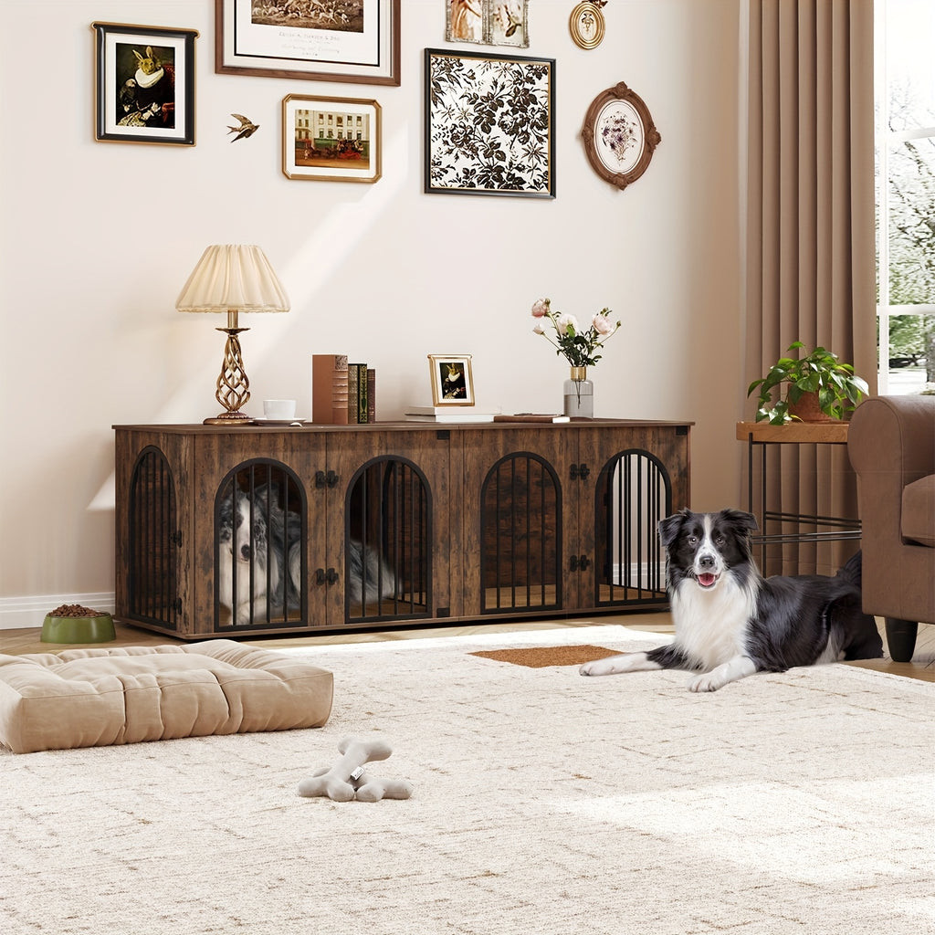 71" Heavy Duty Dog Kennels | Wooden Dog Crate Furniture for 2 Dogs, Small/Medium/Large, with Divider, Pads, Side Table, TV Cabinet, Anti-Chew, Anti-Escape, Black Golden/Greige/White/White Brown - HZUANERI