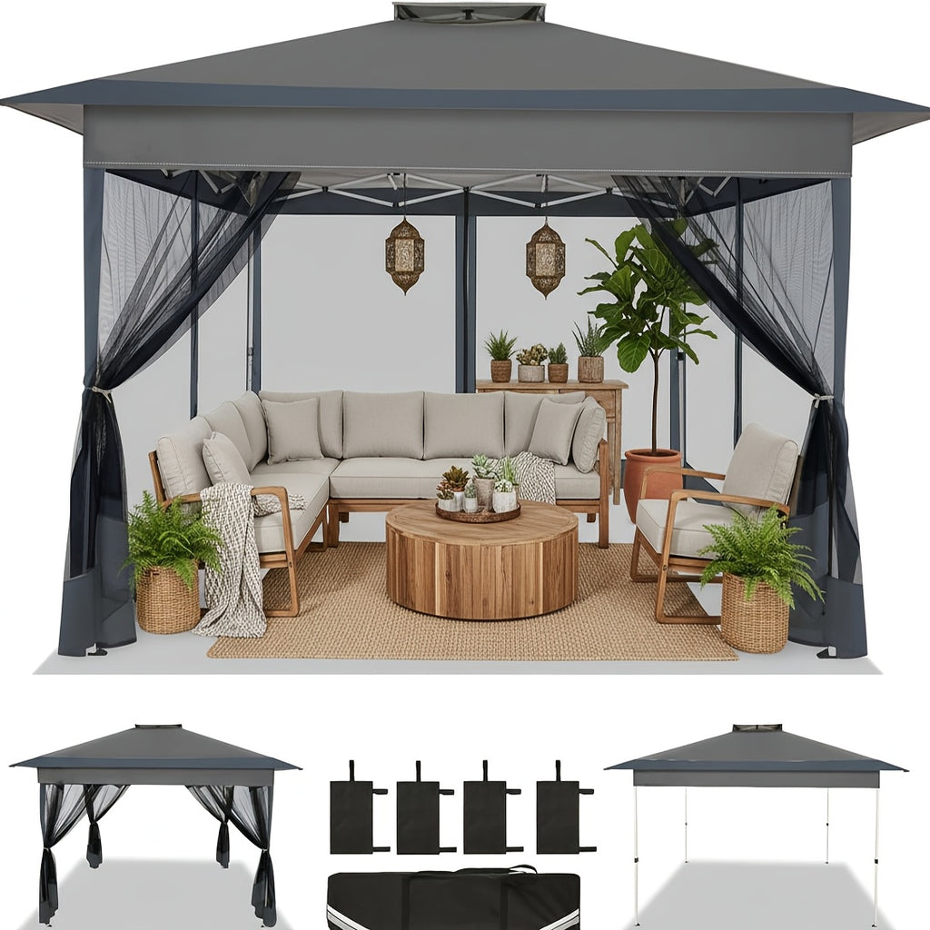 12x12ft/13x13ft Pop-Up Gazebo, Canopy with 4 Removable Mosquito Nets, Includes 4 Sandbags And Carry Bag, 3 Height Adjustments, Outdoor UV-Protective Gazebo, Easy to Carry And Set Up, Ideal for Gardens, Lawns, Parties, Camping, Fairs, Outdoor Events