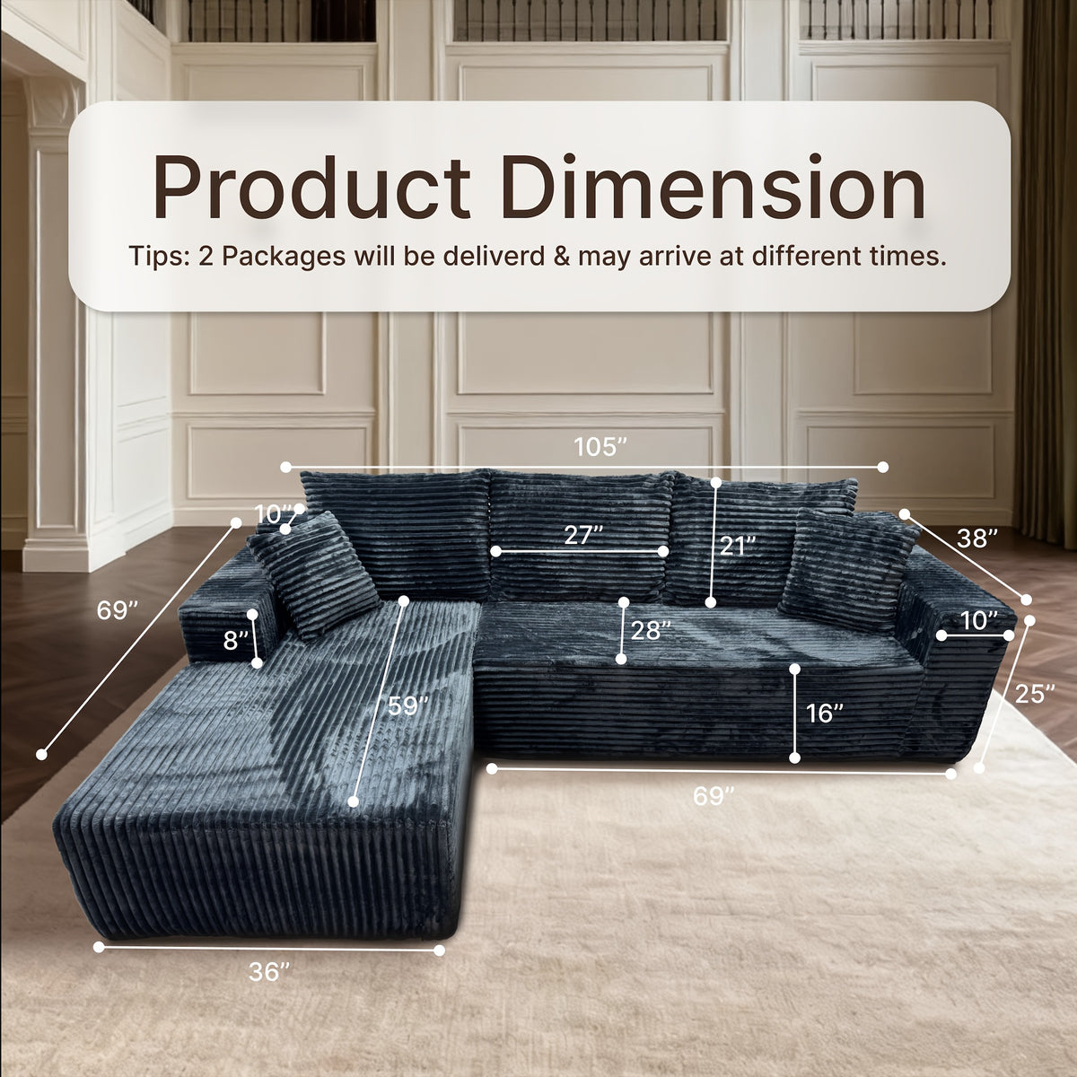 105" Boneless Cloud Couch for Living Room, Modular Sectional Sofa with Chaise, 4-Seater L-Shaped Sofa with Corduroy Fabric, No Assembly Required, Comfy Fluffy Sofa Bed for Bedroom, Compressed Sofa Package.