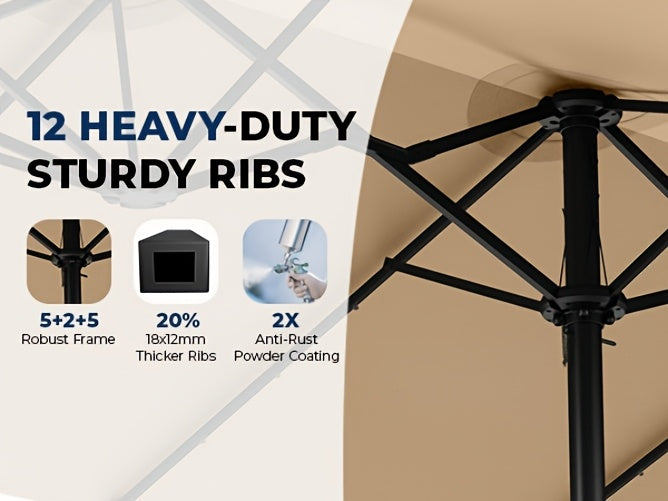 13-foot Double-sided Patio Umbrella with Solar Lights, Includes Base Stand, Large Outdoor Patio Umbrella with Crank Handle, Oversized Outdoor Market Umbrella, 12 Heavy-duty Ribs, Suitable for Outdoor, Market, Patio, Deck, Pool, Backyard, and Other