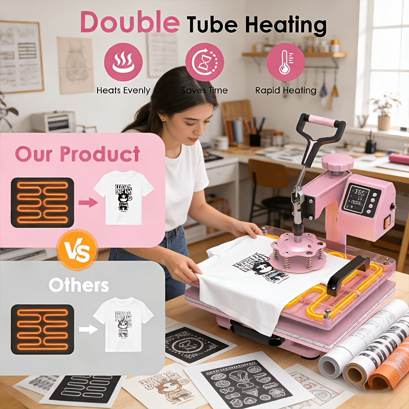 12x15 Inch 5in 1 Heat Press Machine, 360° Swing Away Sublimation Heat Press with 20oz & 30oz Tumbler Attachments, Multifunctional for T-Shirts, Mugs, Hats And Plates, Pink