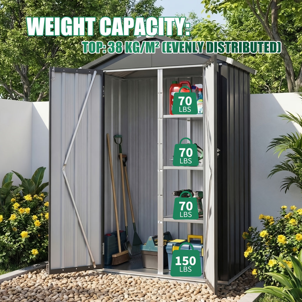 UMORLYRAE Vertical Metal Tool Cabinet, Weatherproof Outdoor Storage Shed with Floor Base & Adjustable Shelves, A-Frame Roof Design, Space-Saving for Garden, Garage, Patio(2.5x2ft/3.5x2.2ft)
