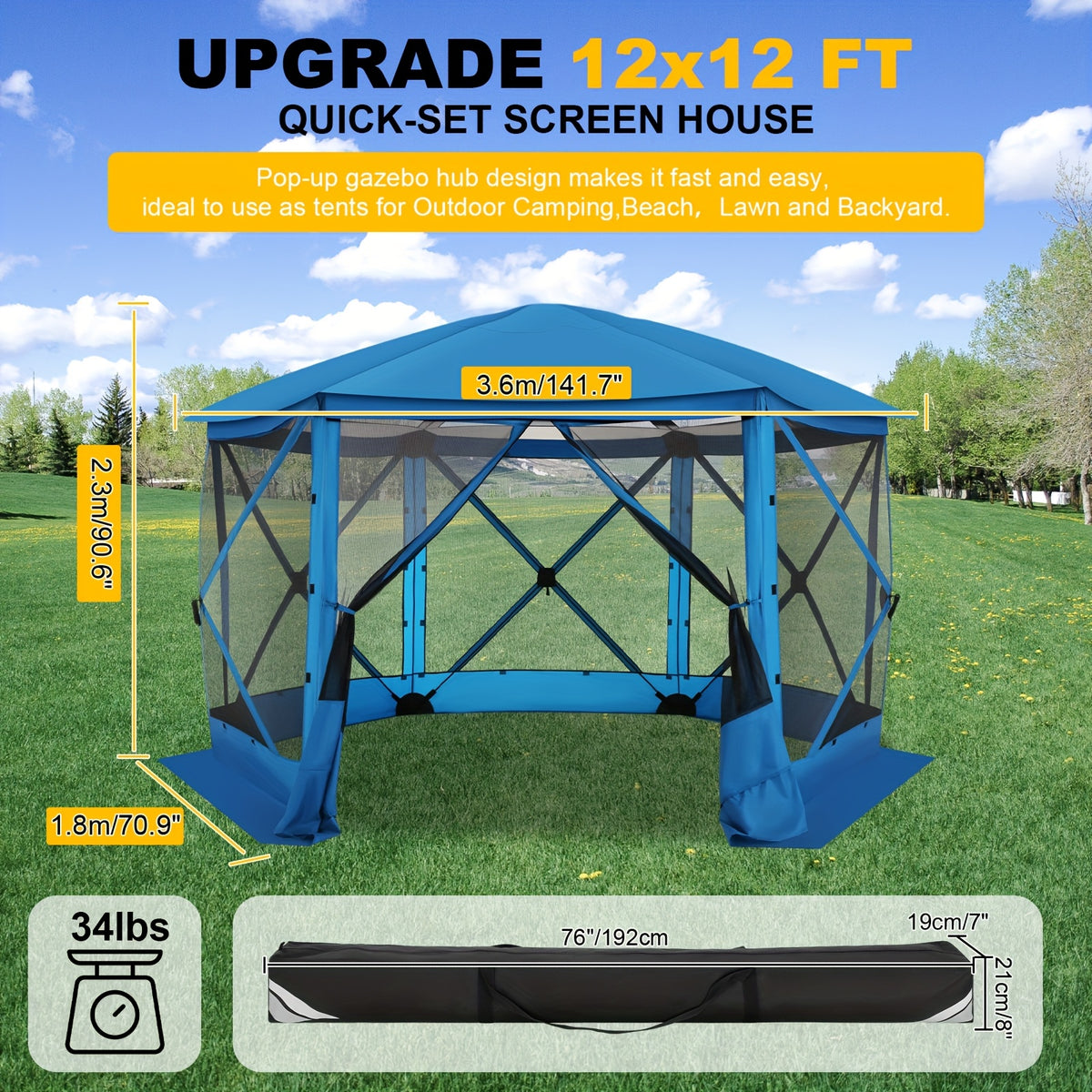 12X12Ft Pop-Up Canopy, Without Cloths, with Octagonal Mesh, One Person Can Quickly Build with a Handbag And Ground Pile, Suitable for Camping, Outdoor Activities