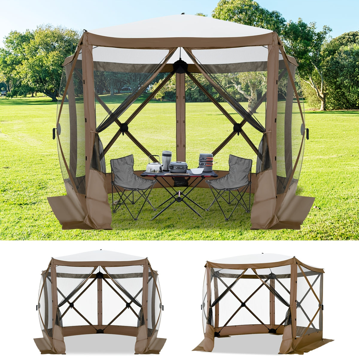 10X10Ft Pop-Up Canopy Tent with Mosquito Net, Garden Gazebo, Privacy Screen/Shade Curtain, Camping Tent, Instant Center Tent Canopy, Comes with Carrying Bag And Ground Stakes, Outdoor Garden Furniture, Suitable for Camping, Gardens, Lawns, And Patios