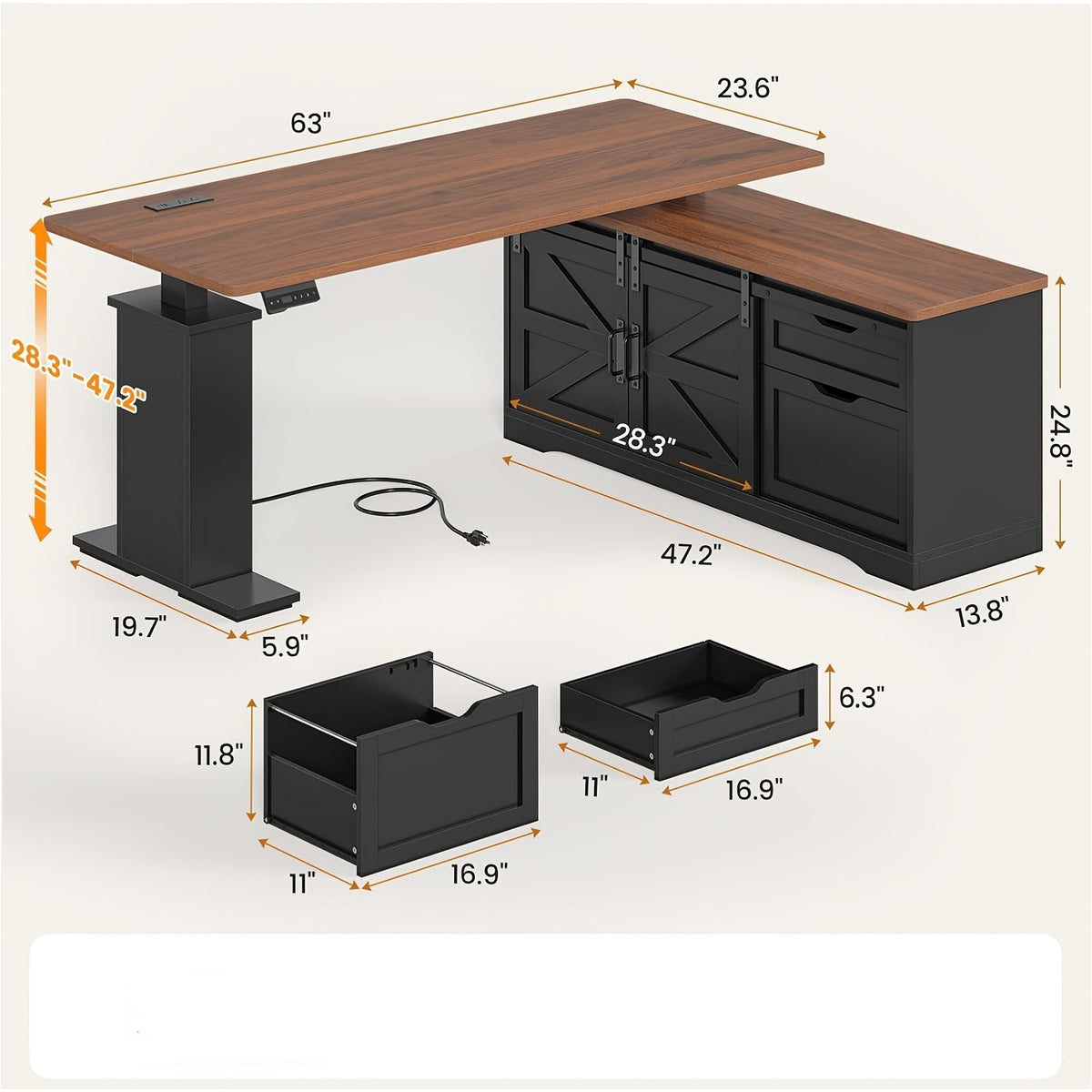 L-Shaped Standing Desk with Farmhouse Styling and Height Memory for an Organized Home Office