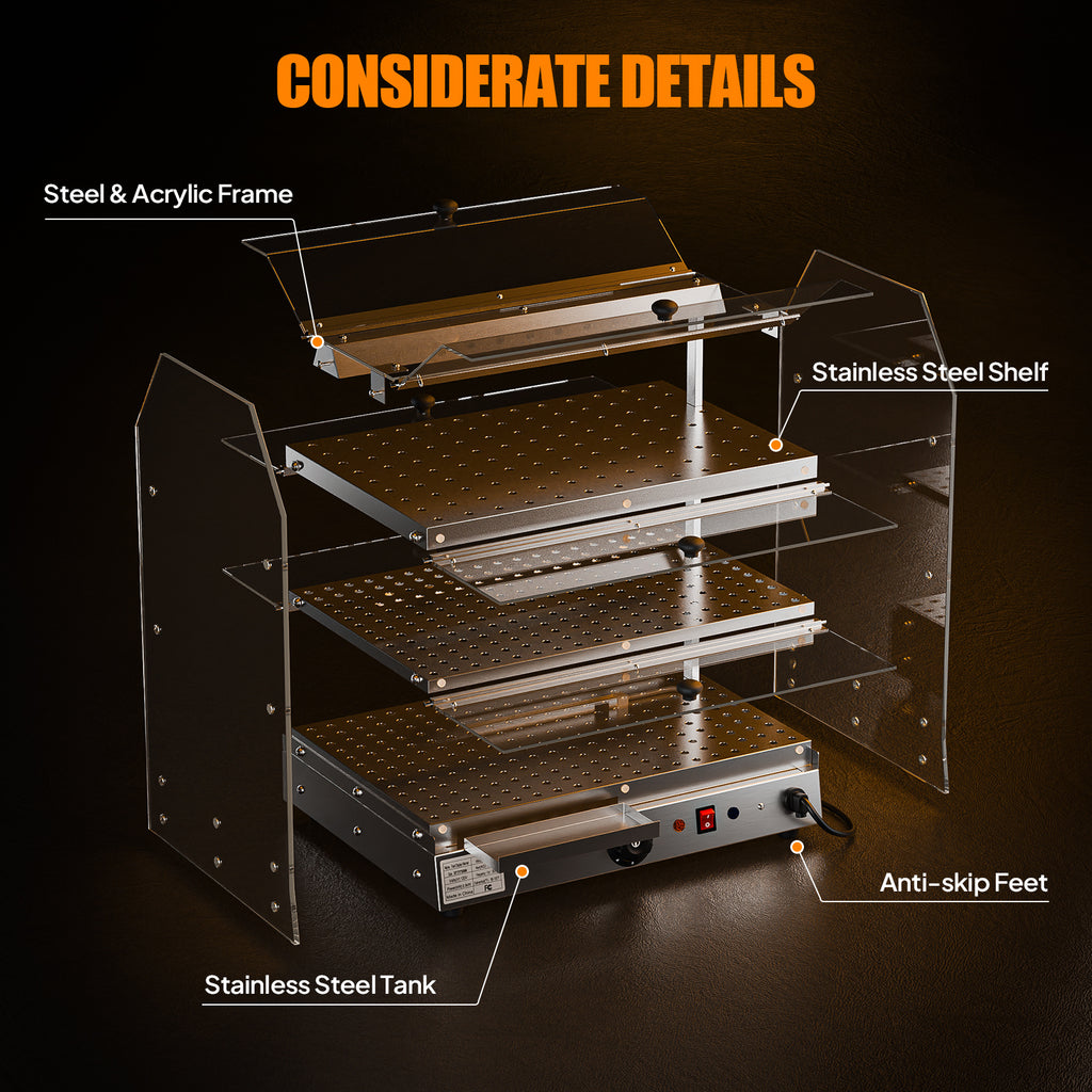 2-Tier Food Warmer Pizza Warmer Countertop, Food Warmer Display Pretzel Warmer with LED Lighting Front and Rear Doors, Electric Catering Hot Box Acrylic for Buffet Restaurant Cafe