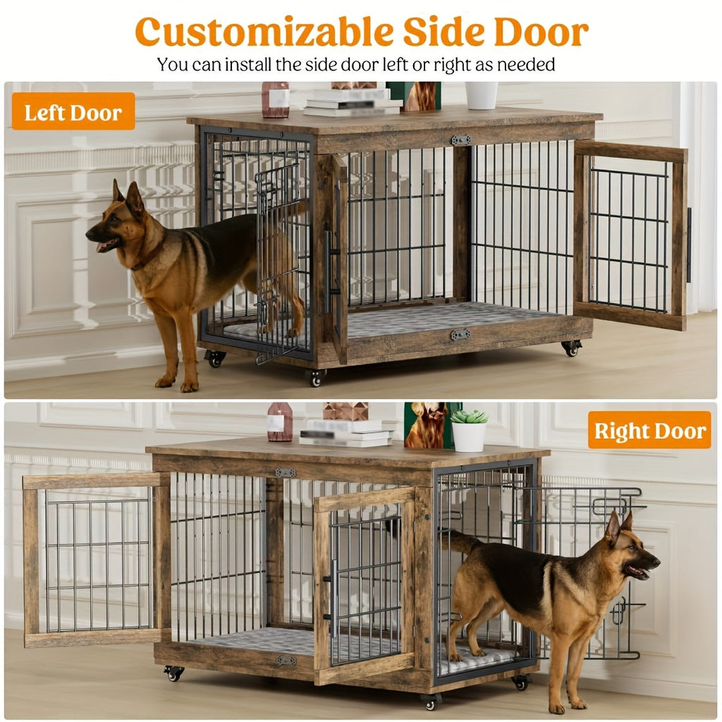 43/36/29/27in Furniture-style Wooden Dog Crate with Anti-Slip Mat, Adjustable Door, Secure Lock, Available In Gray/Brown, Easy to Move with Wheels Or Stable with Anti-Slip Foot Pads, Easy to Clean Pet Cage, Ideal for Home, Living Room Or Bedroom