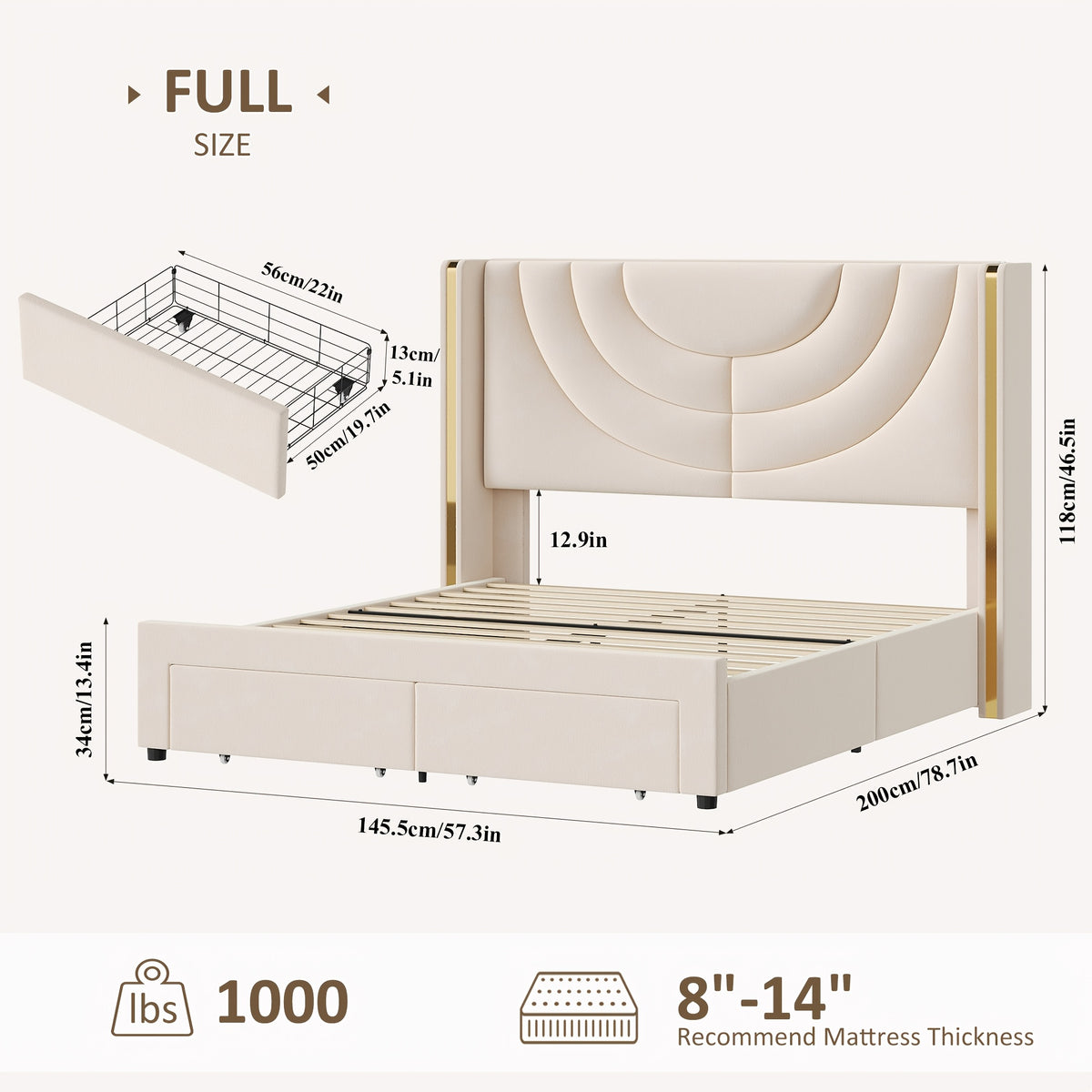 FULTRU Full/Queen/King Upholstered LED Bed Frame with 2 Storage Drawers, Velvet Platform Bed with Wingback Headboard, Solid Wooden Slats Support, No Box Spring Needed, Headboard Splicing Design, Halloween Home Decoration, Christmas Gifts