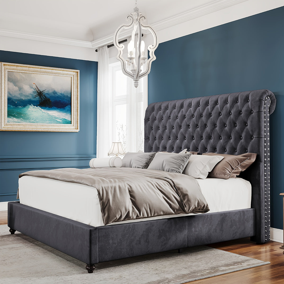 Papajet Upholstered Sleigh Platform Bed Frame with Diamond Button Tufted Headboard