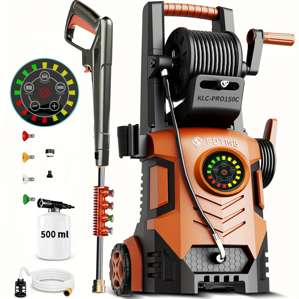 2025 Upgraded Electric Pressure Washer, IPX5 with Adjustable Touch Screen, IPX5 5000 PSI 3.3 GPM, 8 Power Settings, Suitable for Car, Yard, and Floor Cleaning, with 4 Nozzles, 23ft Hose, 16ft Power Cord, Detergent Bucket