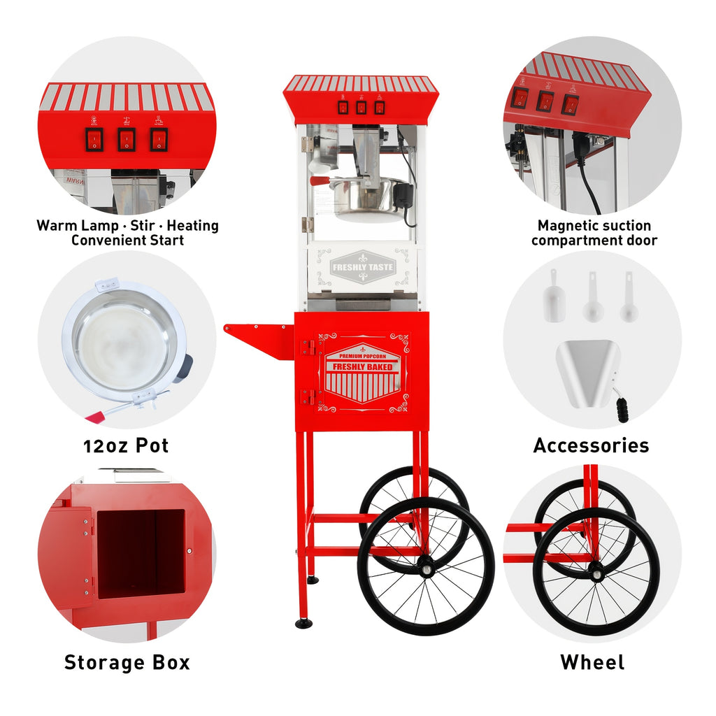 12Oz Popcorn Machine with Cart, 3-Switch Popcorn Maker, Stainless Steel And Tempered Glass, Perfect for Movie Theaters, Parties And Family Gatherings