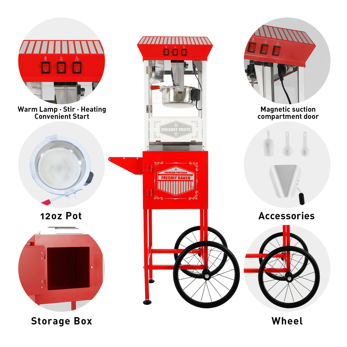 12Oz Popcorn Machine with Cart, 3-Switch Popcorn Maker, Stainless Steel And Tempered Glass, Perfect for Movie Theaters, Parties And Family Gatherings