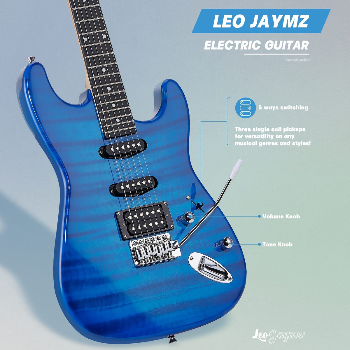Leo Jaymz 39 Inch Full Size Electric Guitar Kit Electric Guitar Beginner Kits - 20W Amplifier, Digital Tuner, Carrying Bag, Shoulder Strap, Connecting Cable