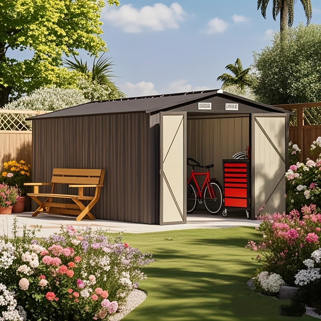 GUNJI 8 X 12ft Outdoor Metal Storage Shed, Garden Shed with 2 Shelves, Tool Sheds for Backyard Garden Patio Lawn