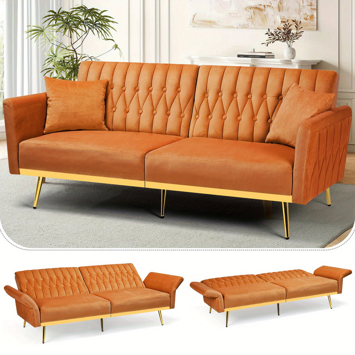 ACMEASE 70-Inch Velvet Convertible Sofa Bed with 2 Pillows, Adjustable Backrest And Armrest Tufted Sleeper Sofa with Golden Metal Legs for Living Room