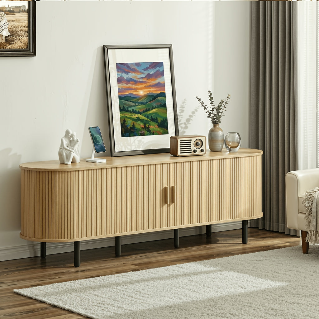 PAZCASA 70.8 Inch/55 Inch TV Stand with Power Outlet for Tvs Up to 75 Inches, Entertainment Center with Storage And Adjustable Shelves, Modern Media Console with Sliding Doors for Living Room, Walnut/Black/Oak