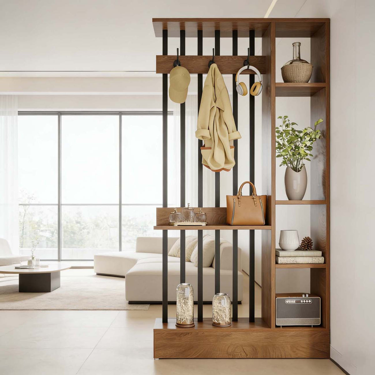 71' Wood Freestanding Room Divider, Wall Partition Bookcase with Shelves & Coat Hooks, Modern Decorative Screen for Home & Office, Brown