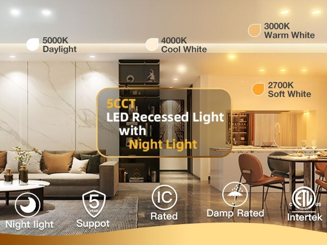 12/6 Pack 4/6 Inch 5CCT LED Recessed Ceiling Light with Night Light, 2700K/3000K/3500K/4000K/5000K Selectable Ultra-Thin Lighting, 12W=110W, 1100LM, Dimmable Canless Wafer Downlight