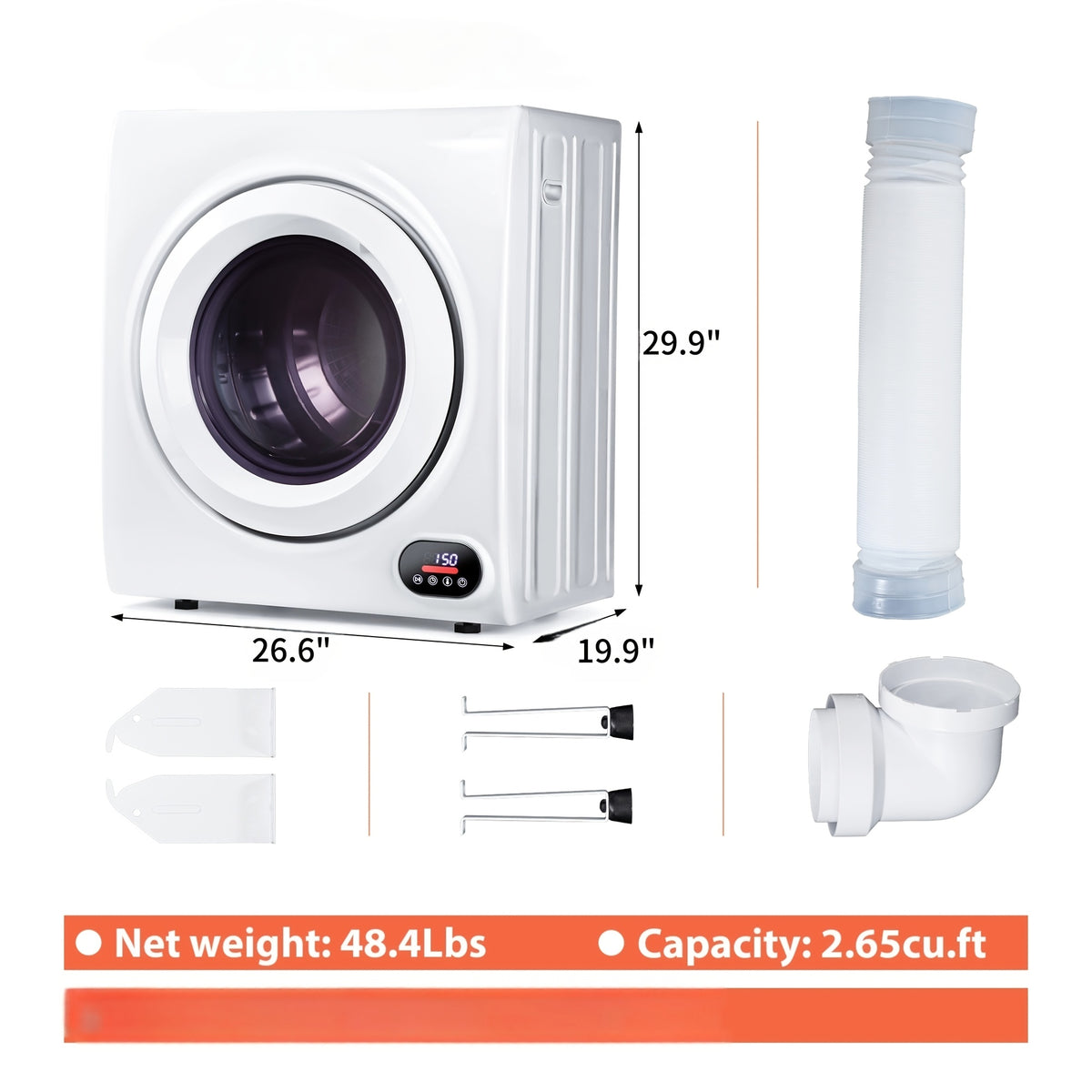 [Portable Dryer For Apartments] Compact Dryer 1.5/1.8/2.65 Cu. Ft. Portable Clothes Dryers With Exhaust Duct With Stainless Steel Liner Four Function Small Dryer Machine, Suitable For Apartments, Dorm, RVs, White