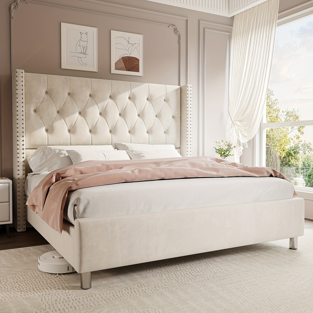 Papajet Velvet Upholstered Bed Frame with Wingback Headboard, No Box Spring Required